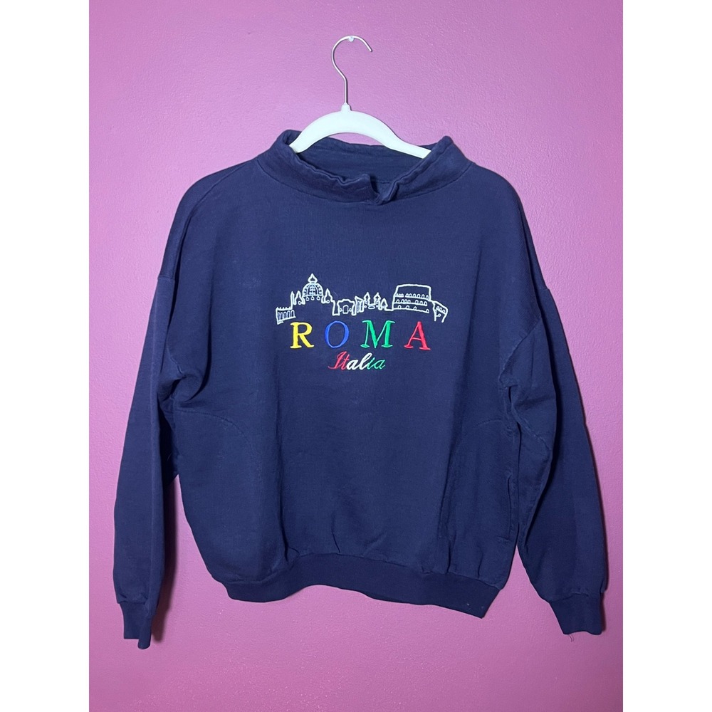 Vintage Roma Italia Embroidered Mock Neck Sweatshirt Navy Blue Souvenir Pullover